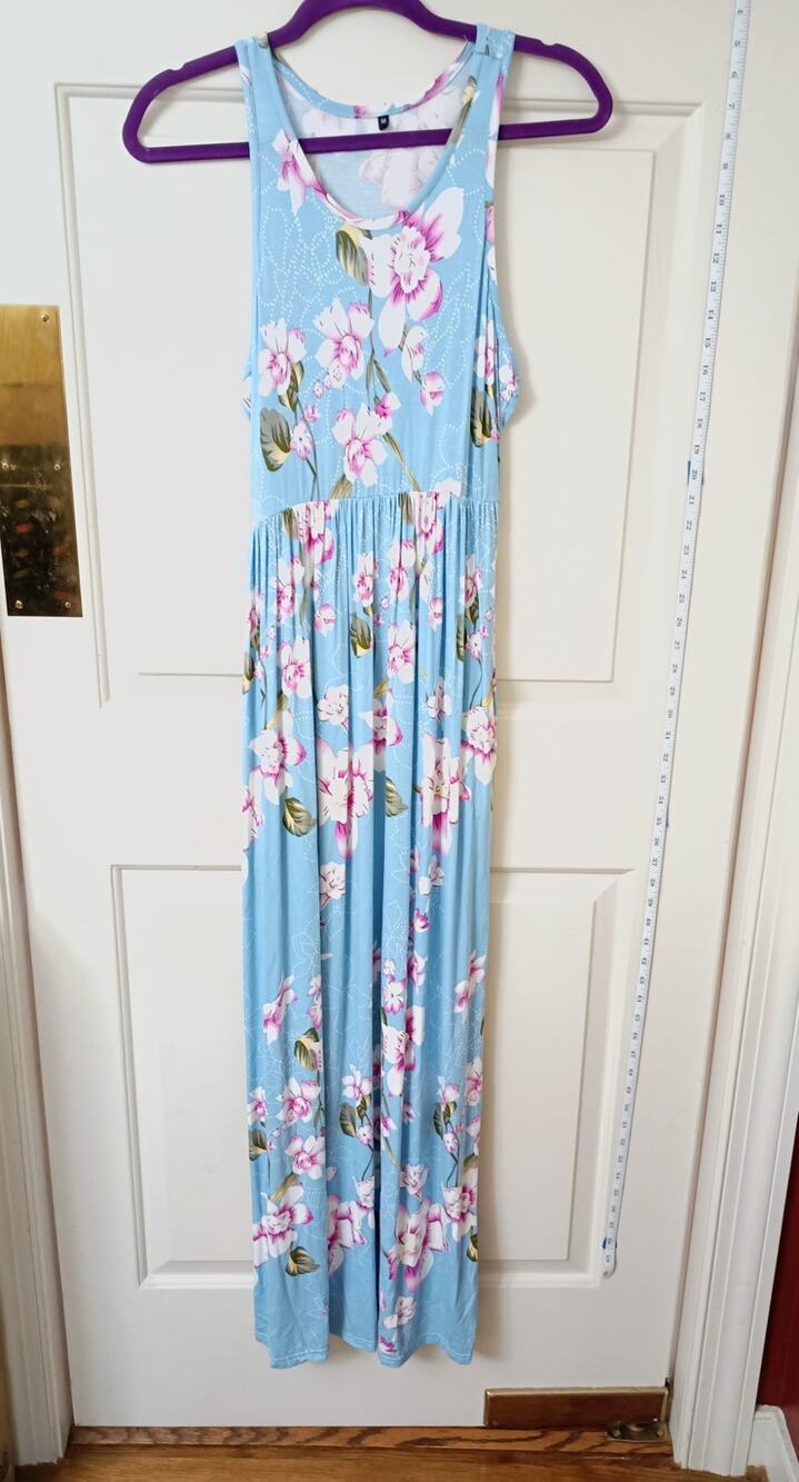 Blue Floral Sleeveless Maxi Dress With Pockets - Sz M